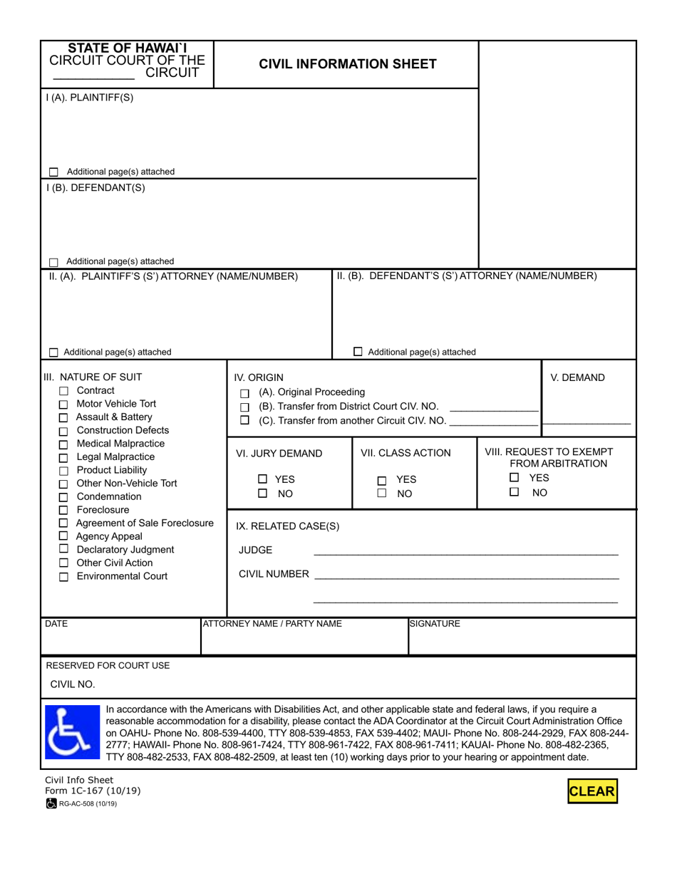Form 1C-167 Civil Information Sheet - Hawaii, Page 1