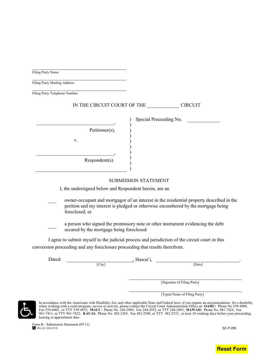 Form B (SC-P-295) Submission Statement - Hawaii, Page 1
