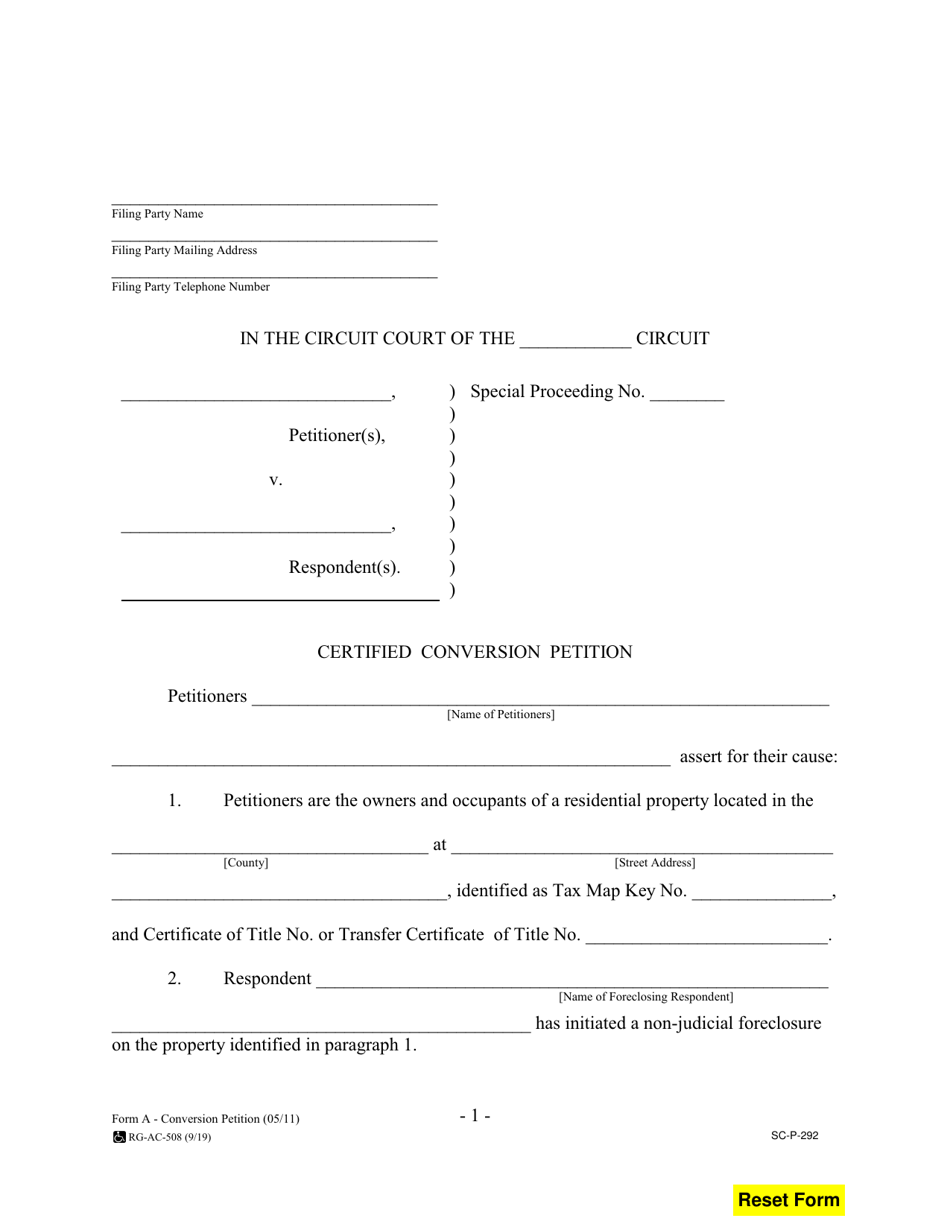 Form A (SC-P-292) Certified Conversion Petition - Hawaii, Page 1