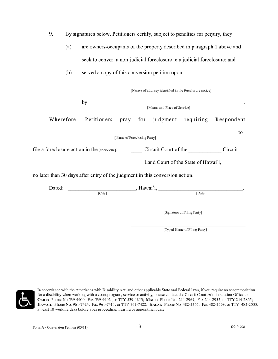 Form A (SC-P-292) Certified Conversion Petition - Hawaii, Page 3