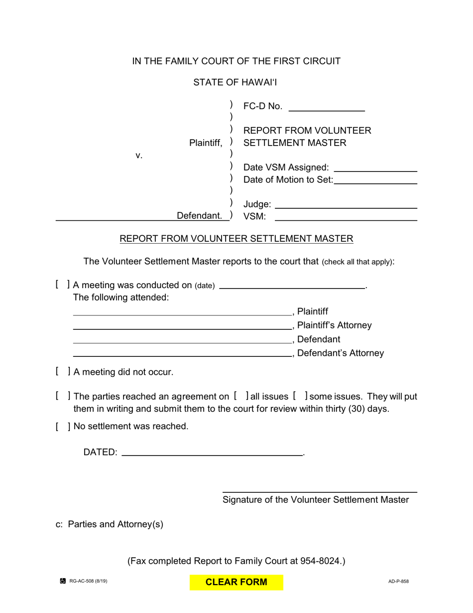 Form AD-P-858 Report From Volunteer Settlement Master - Hawaii, Page 1