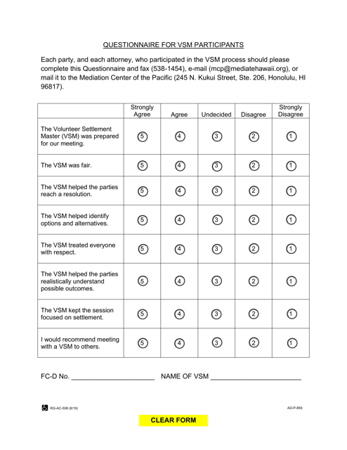 Form AD-P-859 Questionnaire for Vsm Participants - Hawaii