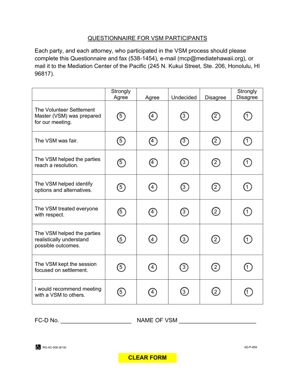 Form AD-P-859 Questionnaire for Vsm Participants - Hawaii, Page 1
