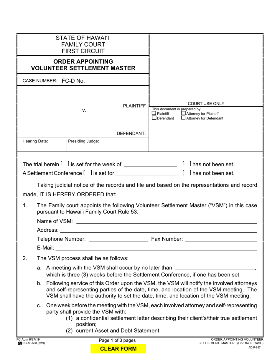 Form AD-P-857 Order Appointing Volunteer Settlement Master - Hawaii, Page 1
