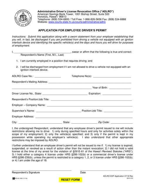 Form DR-P-070 Application for Employee Driver&#039;s Permit - Hawaii