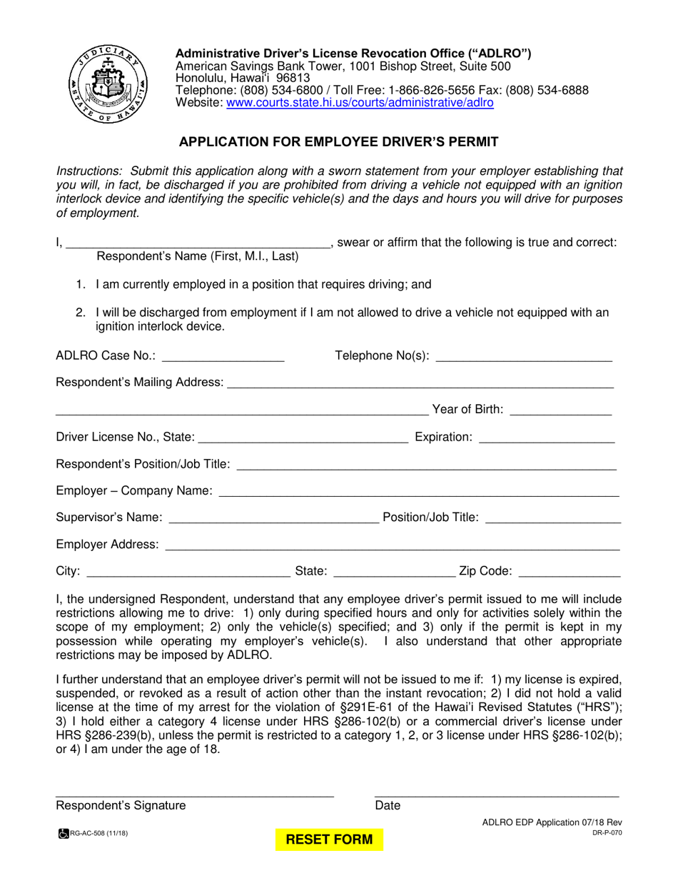 Form DR-P-070 Application for Employee Drivers Permit - Hawaii, Page 1