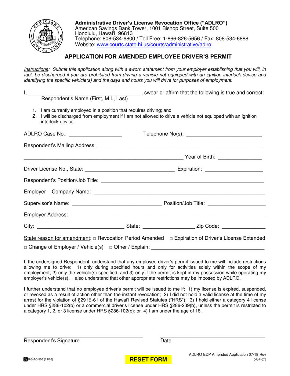 Form DR-P072 Application for Amended Employee Drivers Permit - Hawaii, Page 1