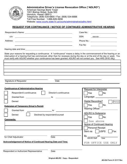 AD-DUI Form 41 Request for Continuance/Notice of Continued Administrative Hearing - Hawaii