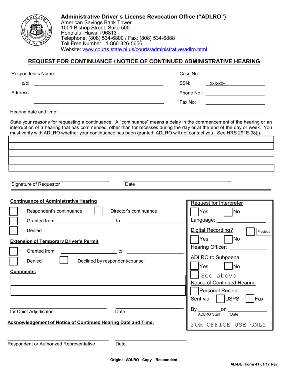 AD-DUI Form 41 Request for Continuance / Notice of Continued Administrative Hearing - Hawaii, Page 1