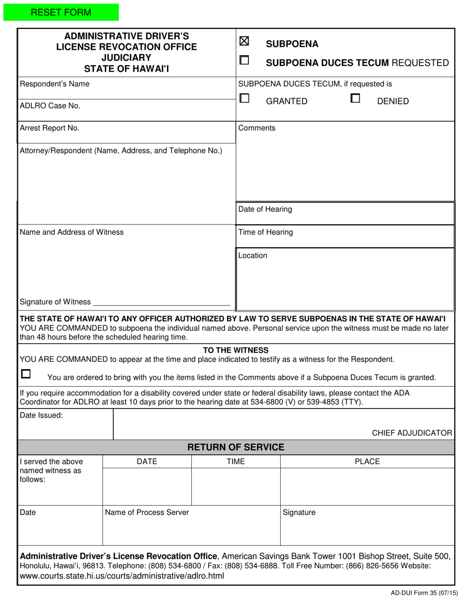 AD-DUI Form 35 Subpoena / Subpoena Duces Tecum - Hawaii, Page 1
