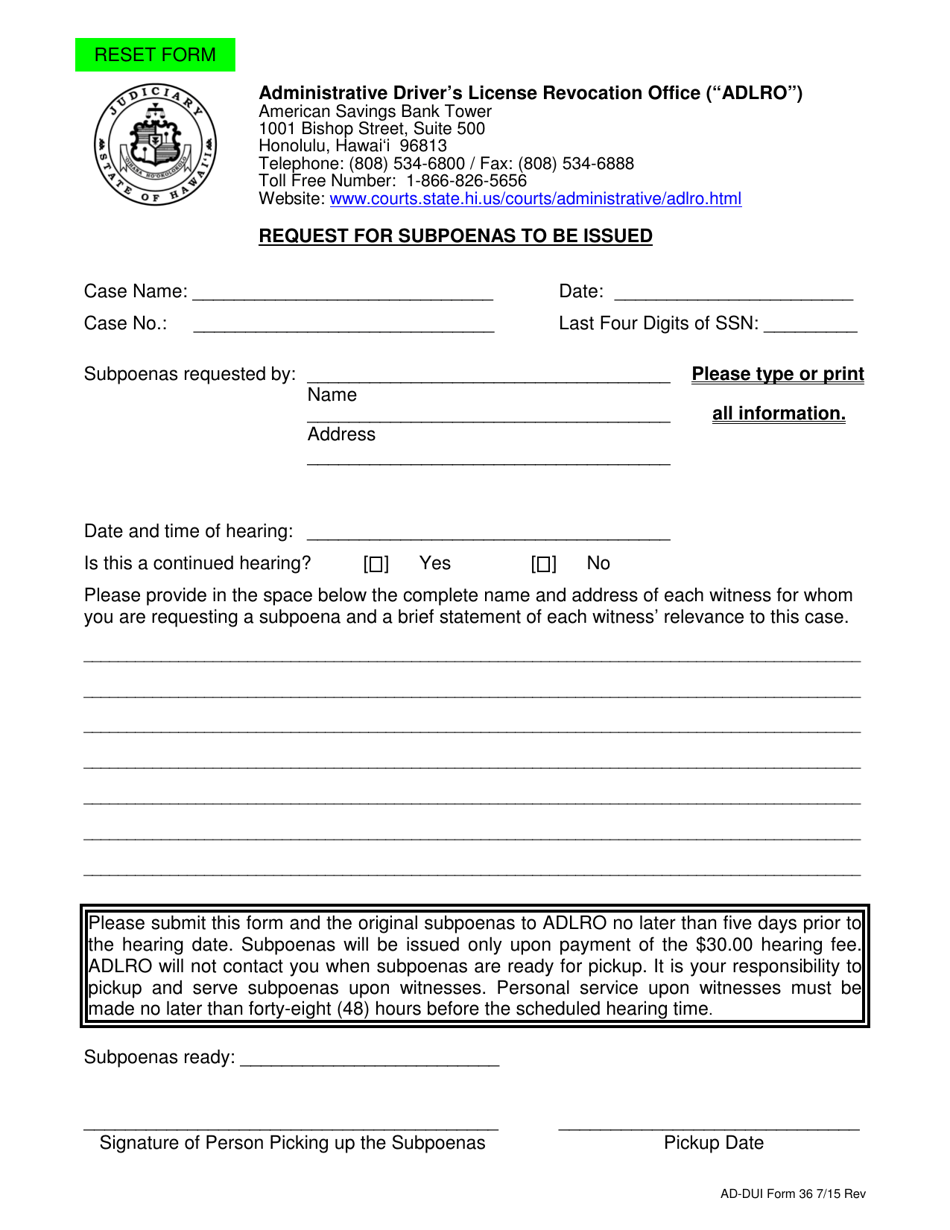 AD-DUI Form 36 Request for Subpoenas to Be Issued - Hawaii, Page 1