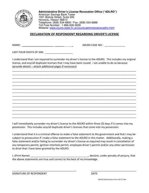 Declaration of Respondent Regarding Driver's License - Hawaii Download Pdf