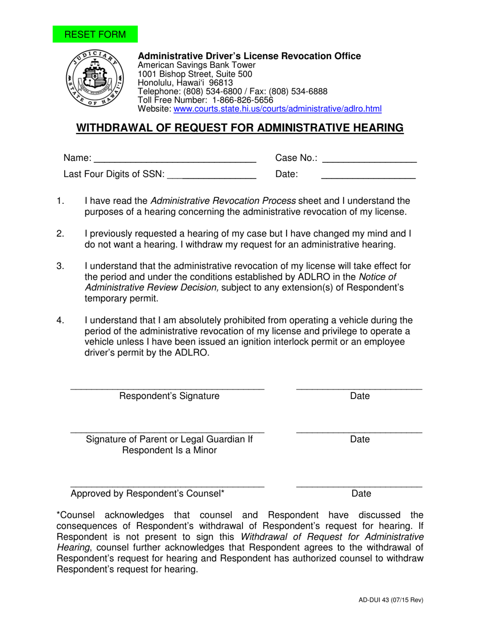 AD-DUI Form 43 Withdrawal of Request for Administrative Hearing - Hawaii, Page 1