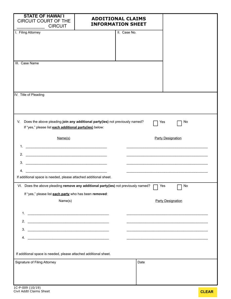 Form 1C-P-009 Additional Claims Information Sheet - Hawaii, Page 1