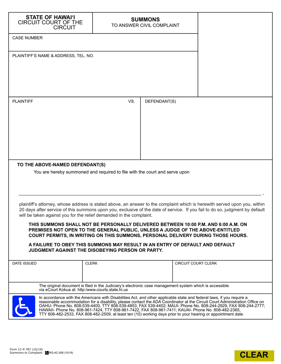 Form 1C-P-787 Summons to Answer Civil Complaint - Hawaii, Page 1