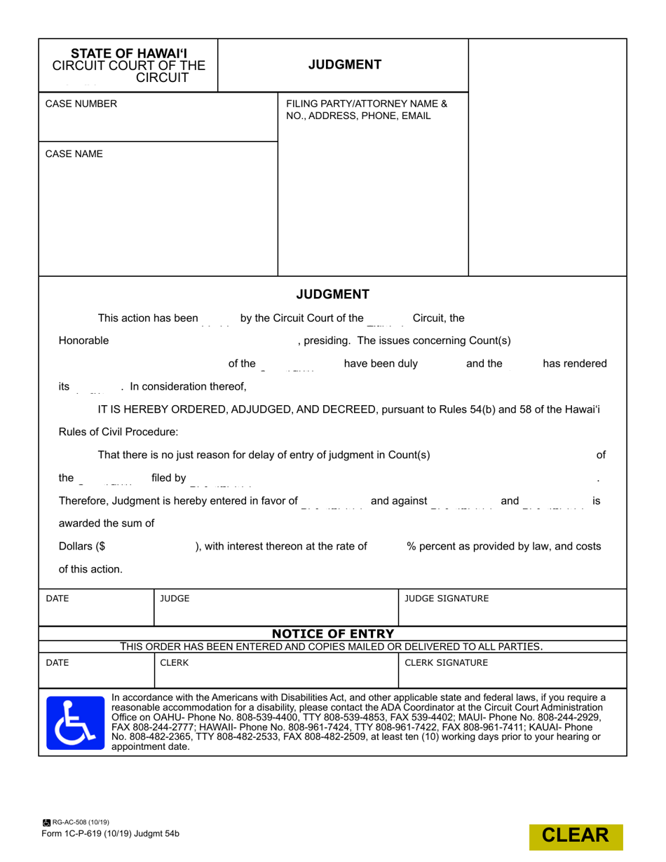 Form 1C-P-619 Judgment (54(B) Certified) - Hawaii, Page 1