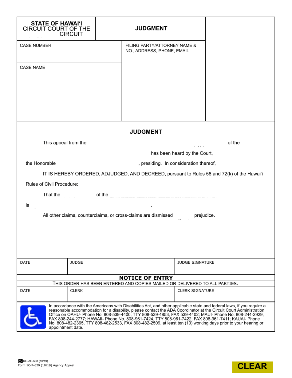 Form 1C-P-620 Judgment (Agency Appeal) - Hawaii, Page 1