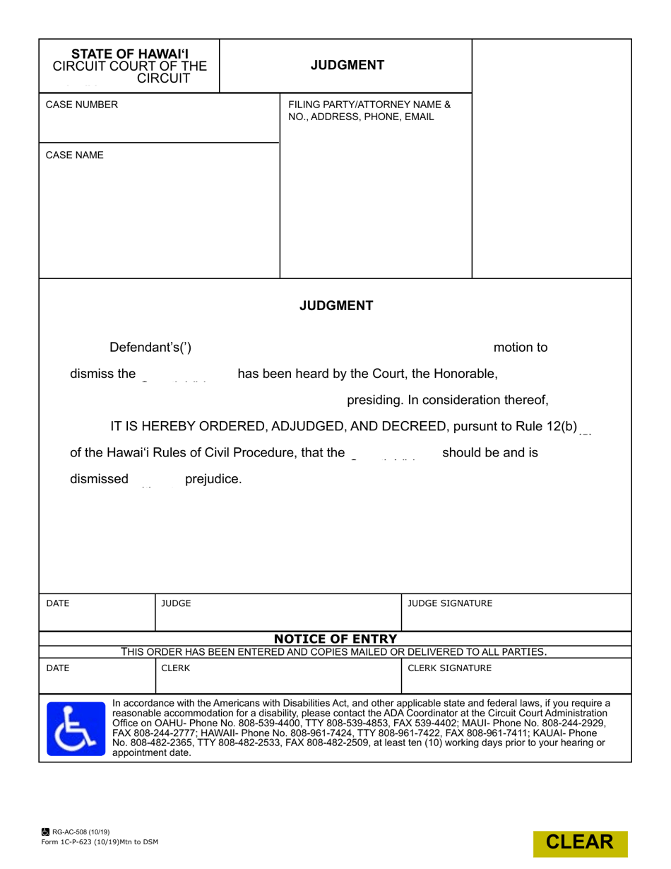 Form 1C-P-623 Judgment (Motion to Dismiss) - Hawaii, Page 1