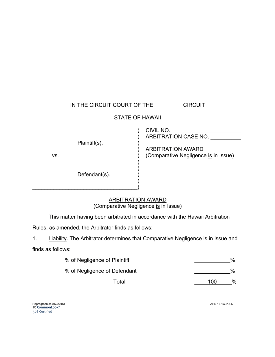 Form 1C-P-517 Arbitration Award (Comparative Negligence) - Hawaii, Page 1