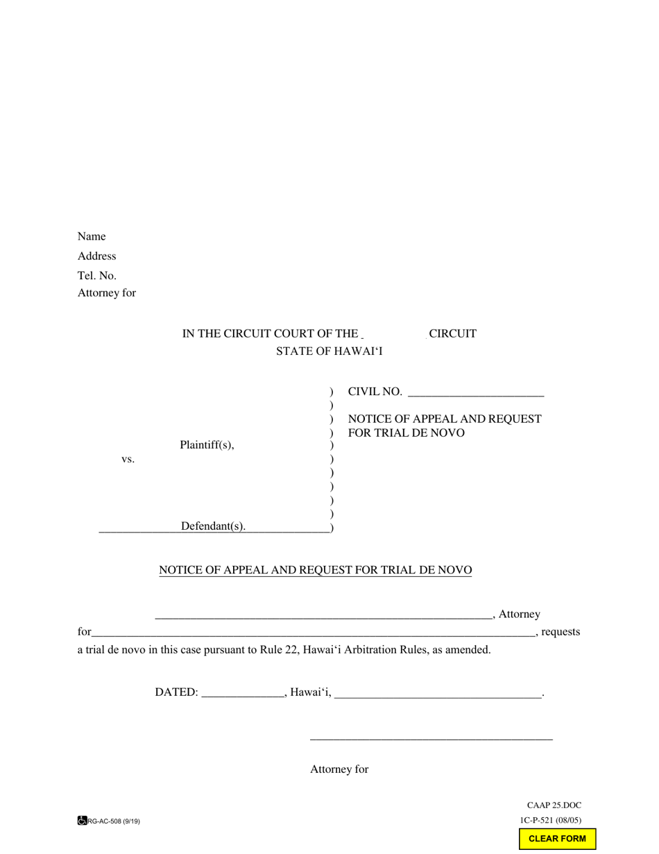 Form 1C-P-521 Notice of Appeal and Request for Trial De Novo - Hawaii, Page 1