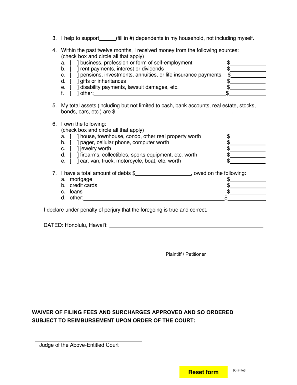 Form 1C-P-963 Ex Parte Motion to Waive Filing Fees and Surcharges Under Hawaii Revised Statutes Chapter 607 and Declaration; Order - Hawaii, Page 2