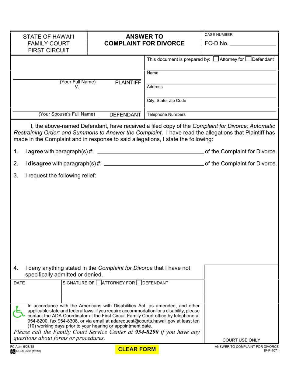 Form 1F-P-1071 Answer to Complaint for Divorce - Hawaii, Page 1