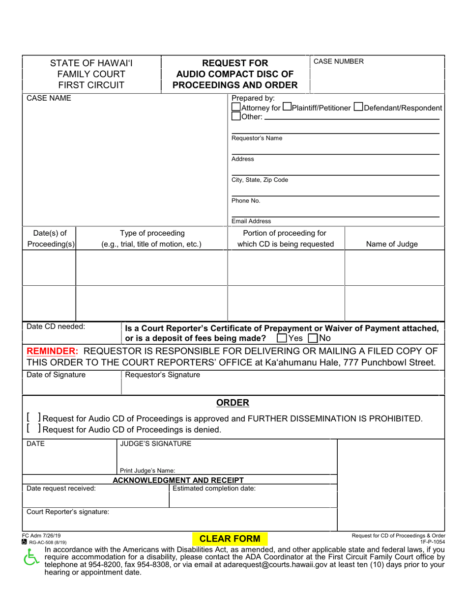 Form 1F-P-1054 Request for Audio Compact Disc of Proceedings and Order - Hawaii, Page 1