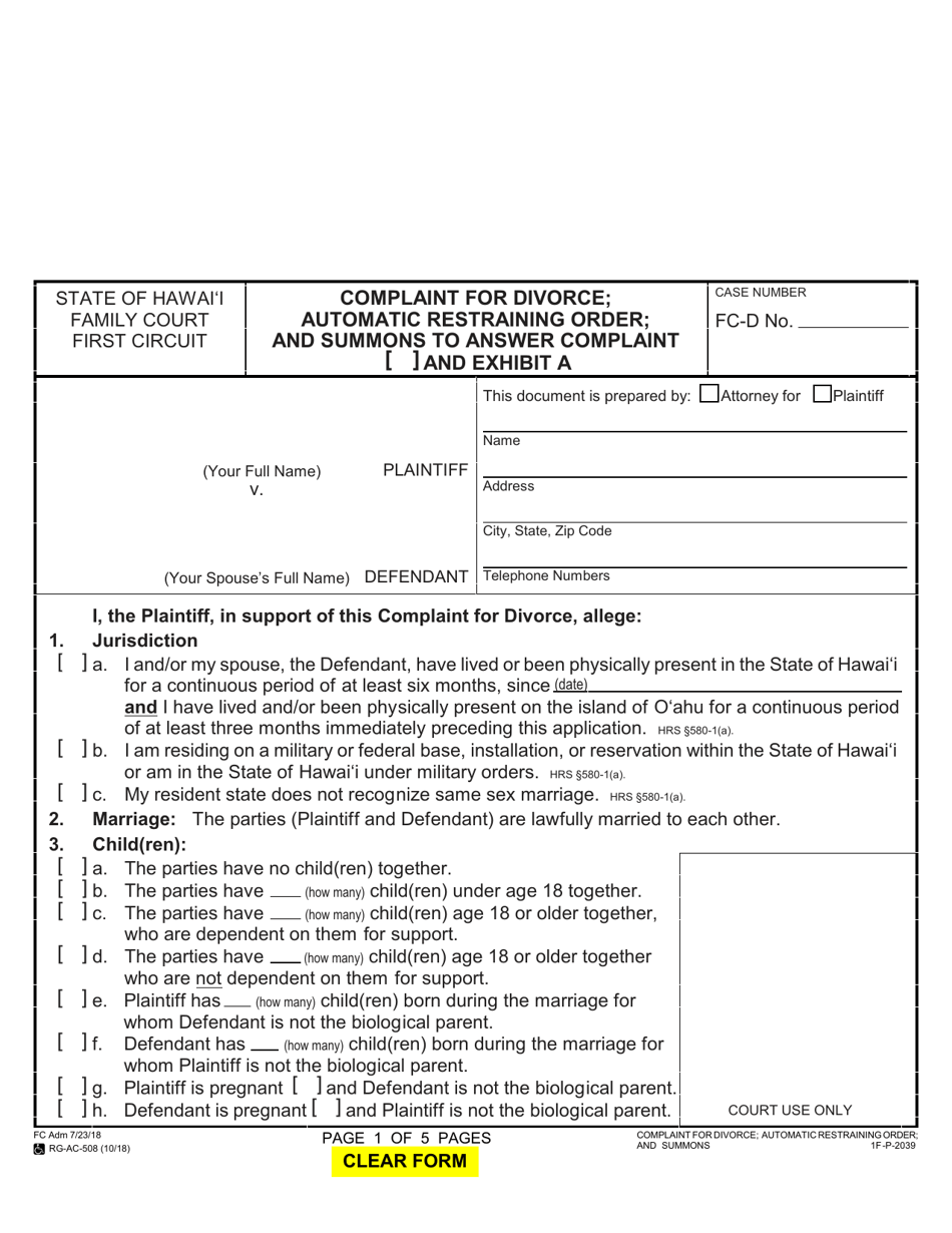 Form 1F-P-2039 Complaint for Divorce; Automatic Restraining Order; and Summons to Answer Complaint - Hawaii, Page 1