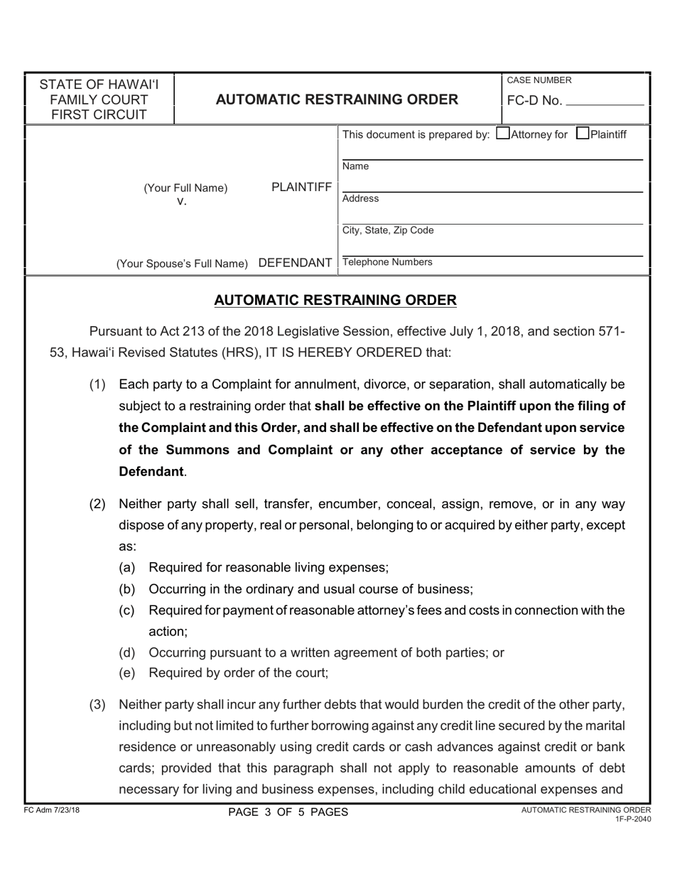 Form 1F-P-2039 Complaint for Divorce; Automatic Restraining Order; and Summons to Answer Complaint - Hawaii, Page 3