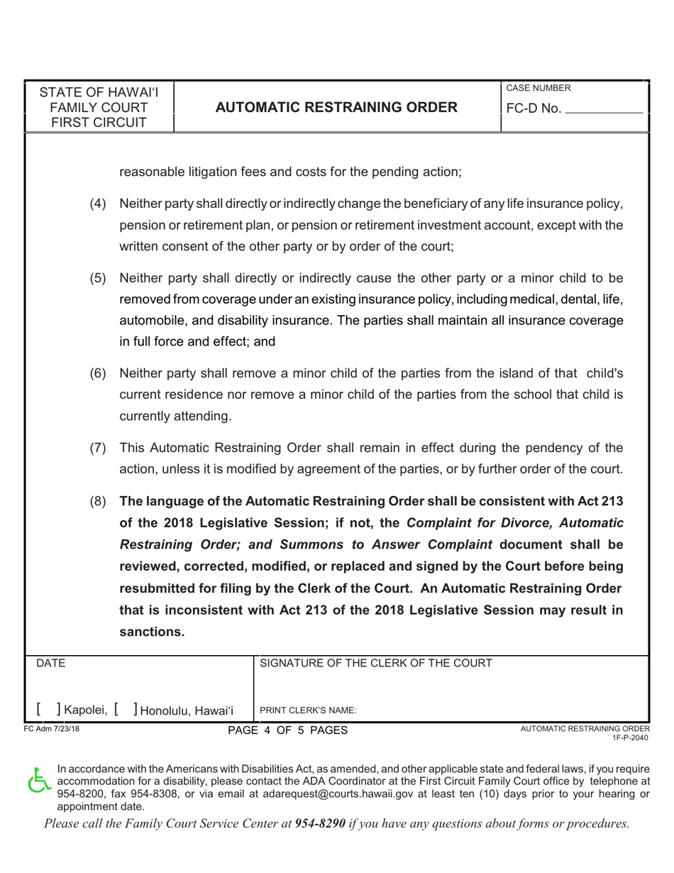Form 1F-P-2039 Complaint for Divorce; Automatic Restraining Order; and Summons to Answer Complaint - Hawaii, Page 4