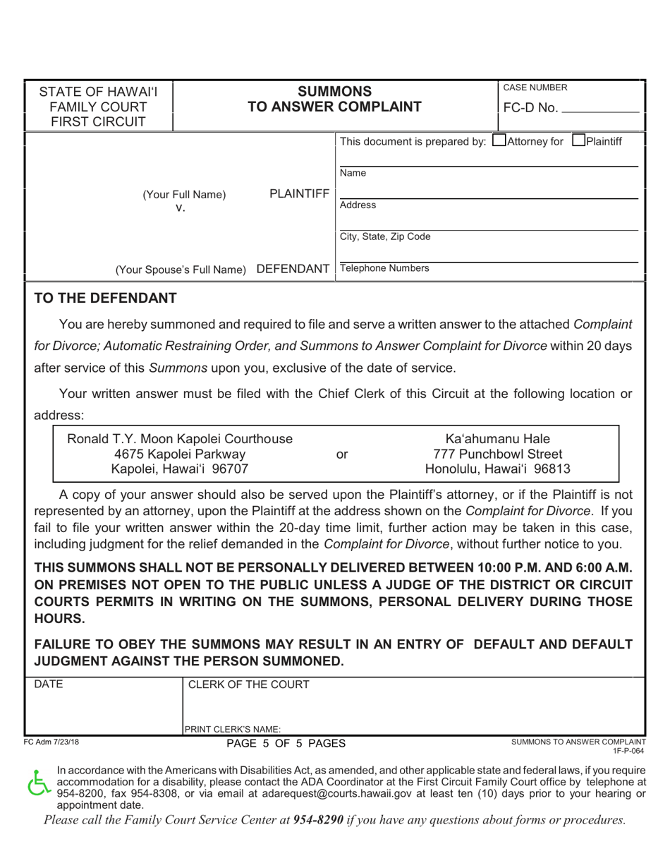 Form 1F-P-2039 Complaint for Divorce; Automatic Restraining Order; and Summons to Answer Complaint - Hawaii, Page 5