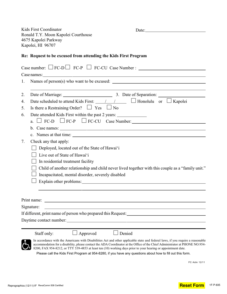 Form 1F-P-835 Request to Be Excused From Attending the Kids First Program - Hawaii, Page 1