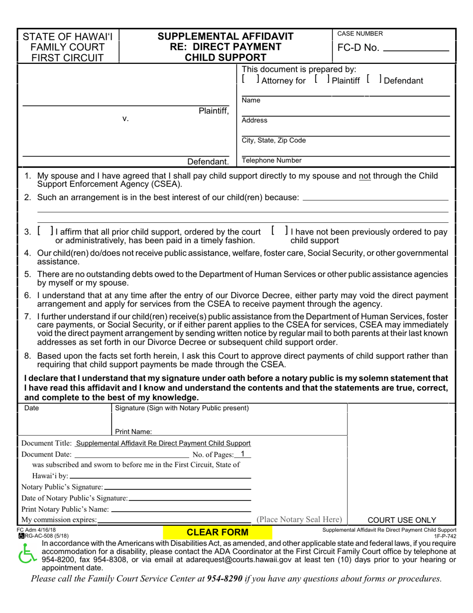 Form 1F-P-742 Supplemental Affidavit Re: Direct Payment Child Support - Hawaii, Page 1