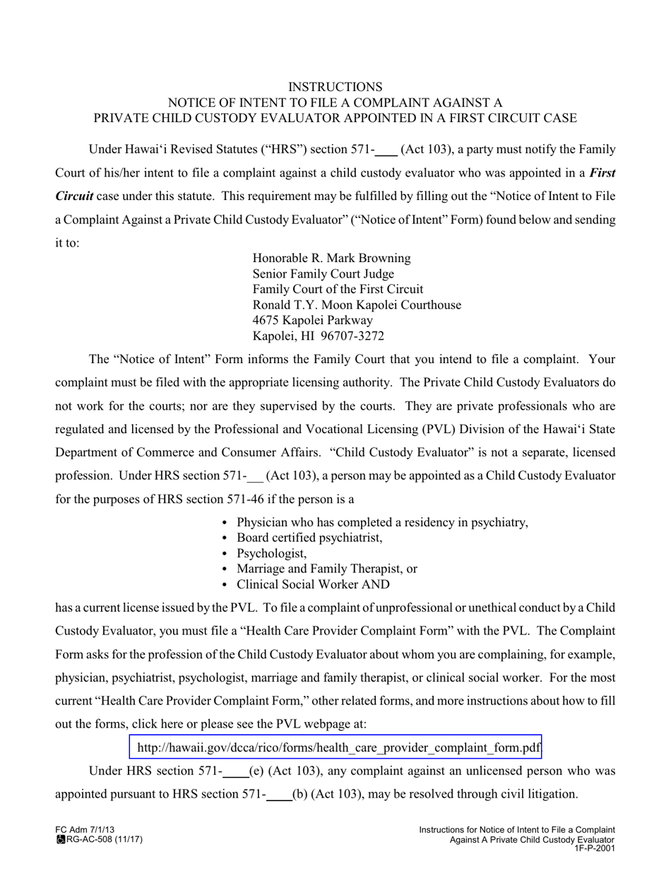 Instructions for Form 1F-P-2000 Notice of Intent to File a Complaint Against a Private Child Custody Evaluator - Hawaii, Page 1