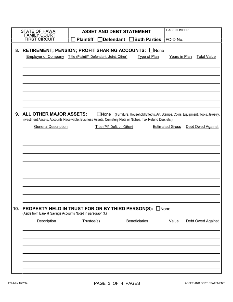 Form 1F-P-063 Asset and Debt Statement - Hawaii, Page 3