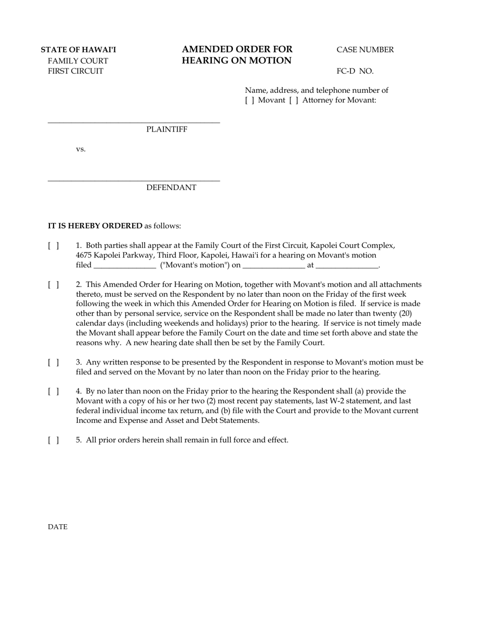 Form 1F-P-1093 Amended Order for Hearing on Motion - Hawaii, Page 1