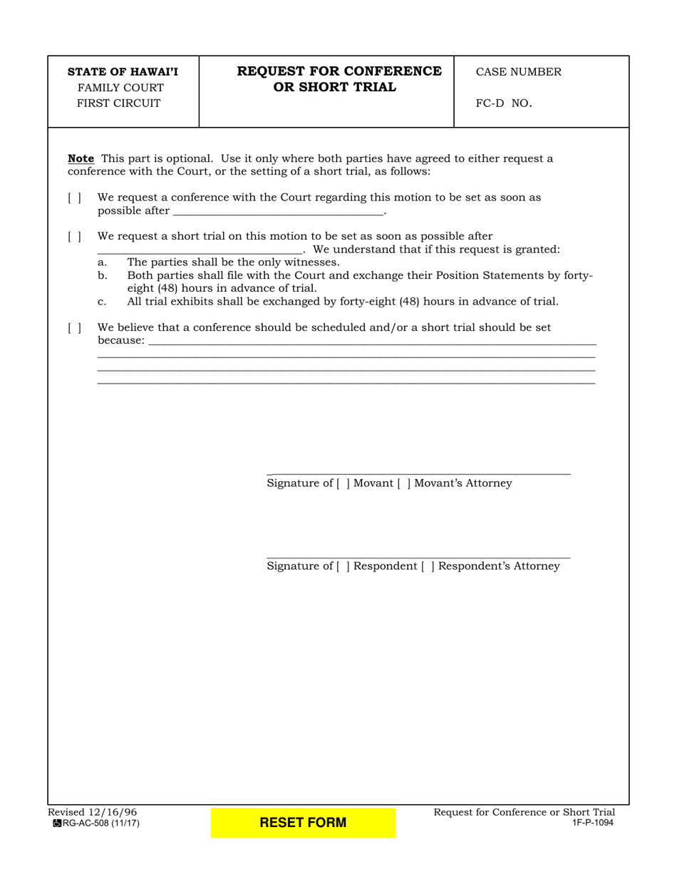 Form 1F-P-1094 Request for Conference or Short Trial - Hawaii, Page 1