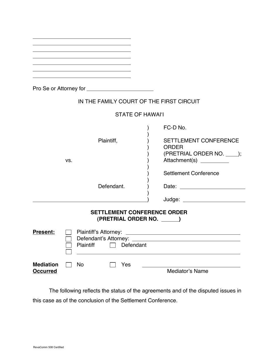 Form 1F-P-763 Settlement Conference Order (Pretrial Order) - Hawaii, Page 1