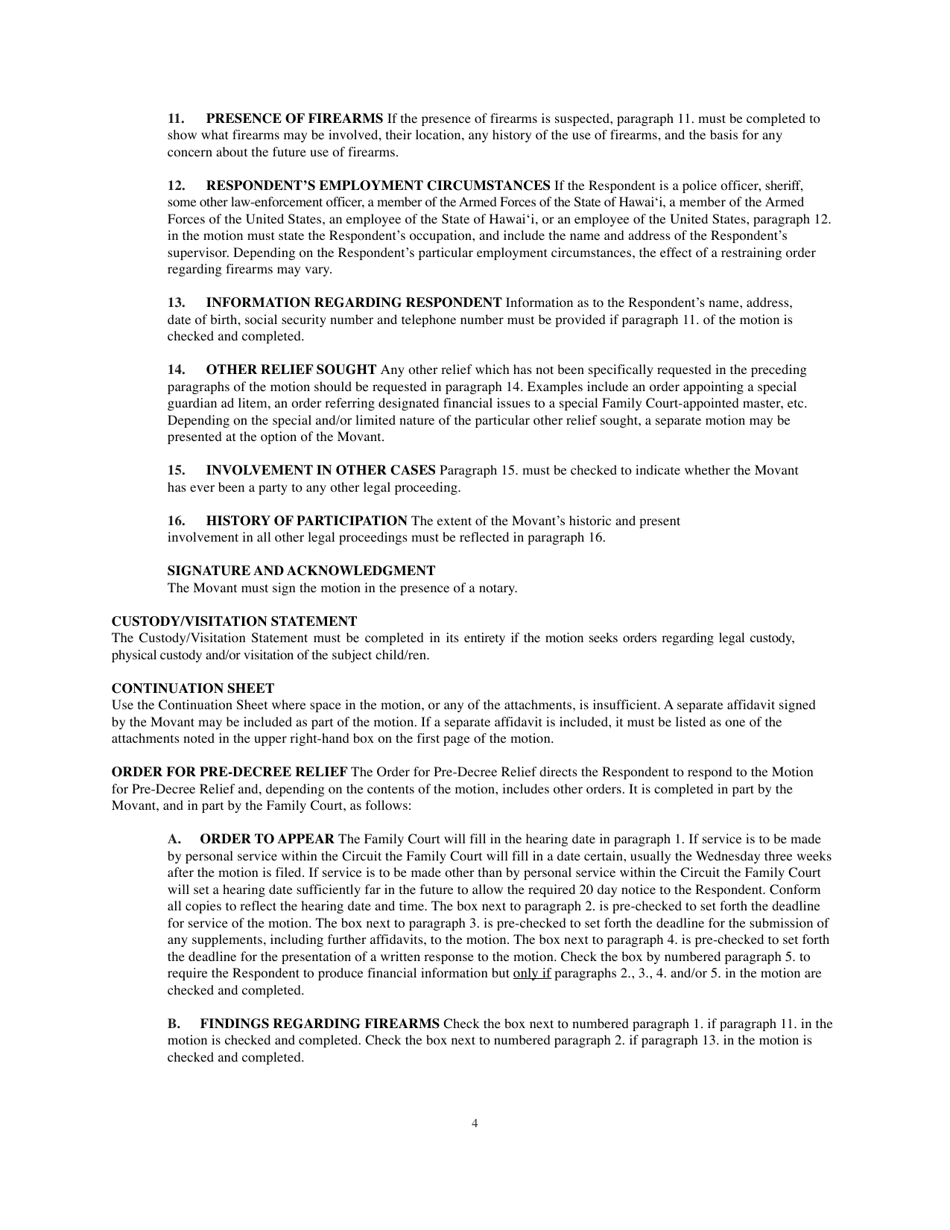 Instructions for Form 1F-P-816 Motion and Declaration for Pre-decree Relief - Hawaii, Page 4