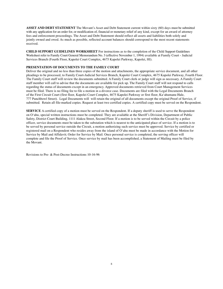 Instructions for Form 1F-P-816 Motion and Declaration for Pre-decree Relief - Hawaii, Page 8