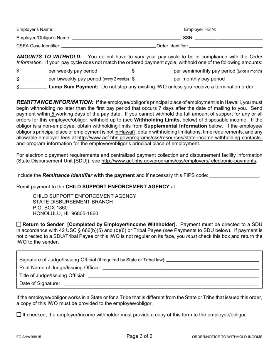 Form 1F-P-1098 Order / Notice to Withhold Income for Support - Hawaii, Page 3