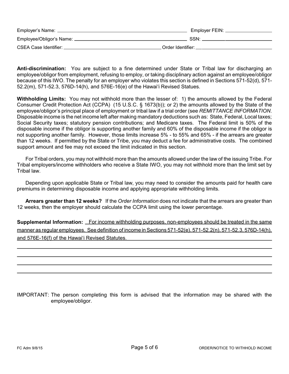 Form 1F-P-1098 Order / Notice to Withhold Income for Support - Hawaii, Page 5