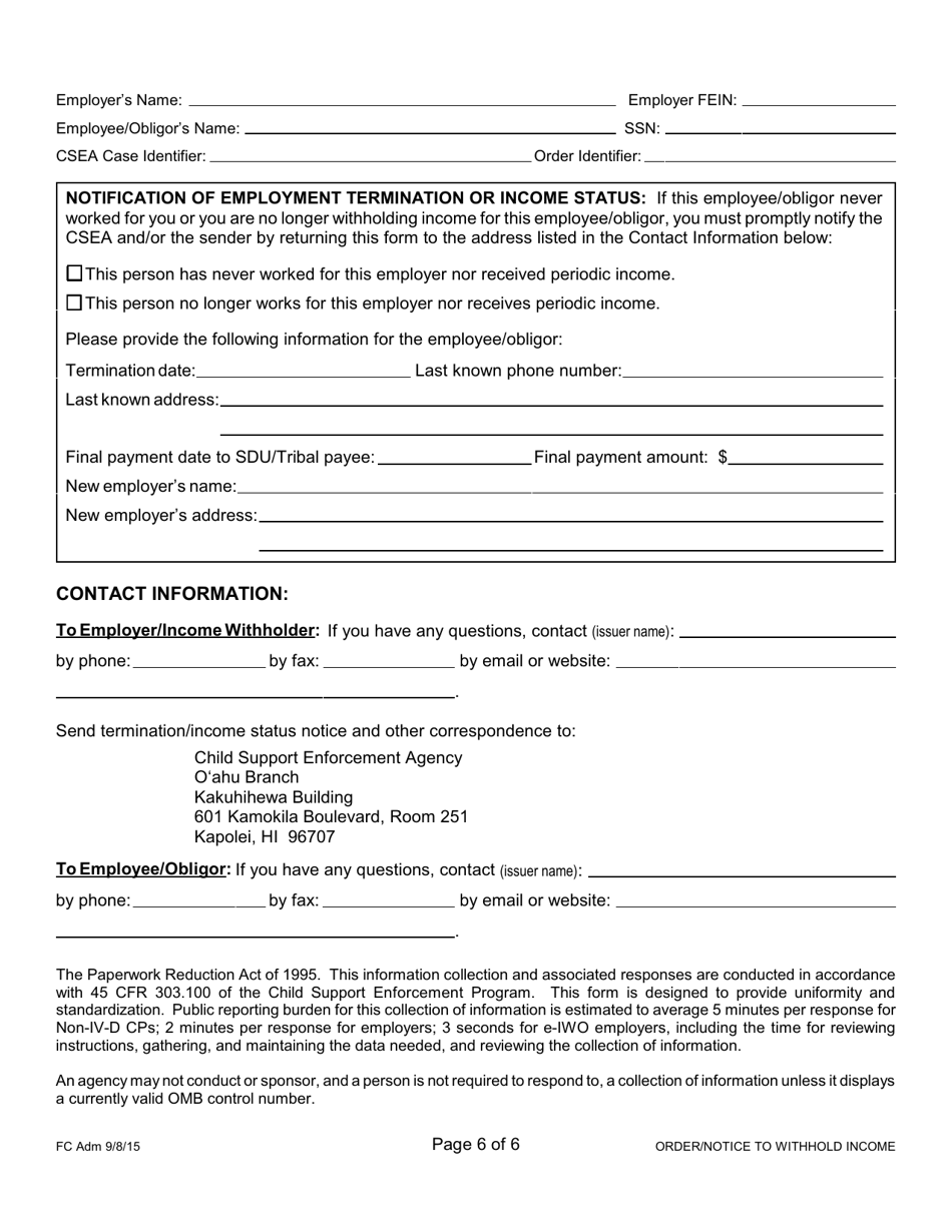 Form 1F-P-1098 Order / Notice to Withhold Income for Support - Hawaii, Page 6