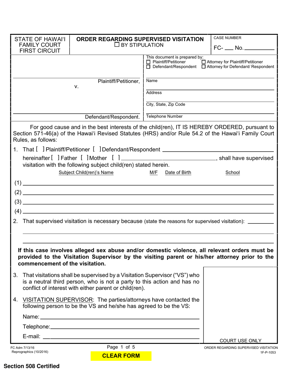 Form 1F-P-1053 Order Regarding Supervised Visitation - Hawaii, Page 1