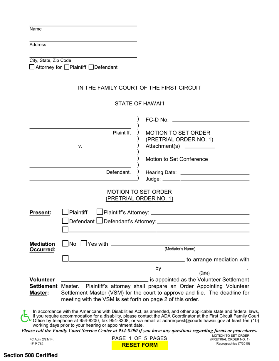 Form 1F-P-762 Motion Set Order (Pretrial Order 1) - Hawaii, Page 1