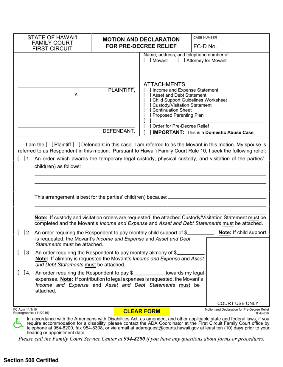 Form 1F-P-816 Motion and Declaration for Pre-decree Relief - Hawaii, Page 1