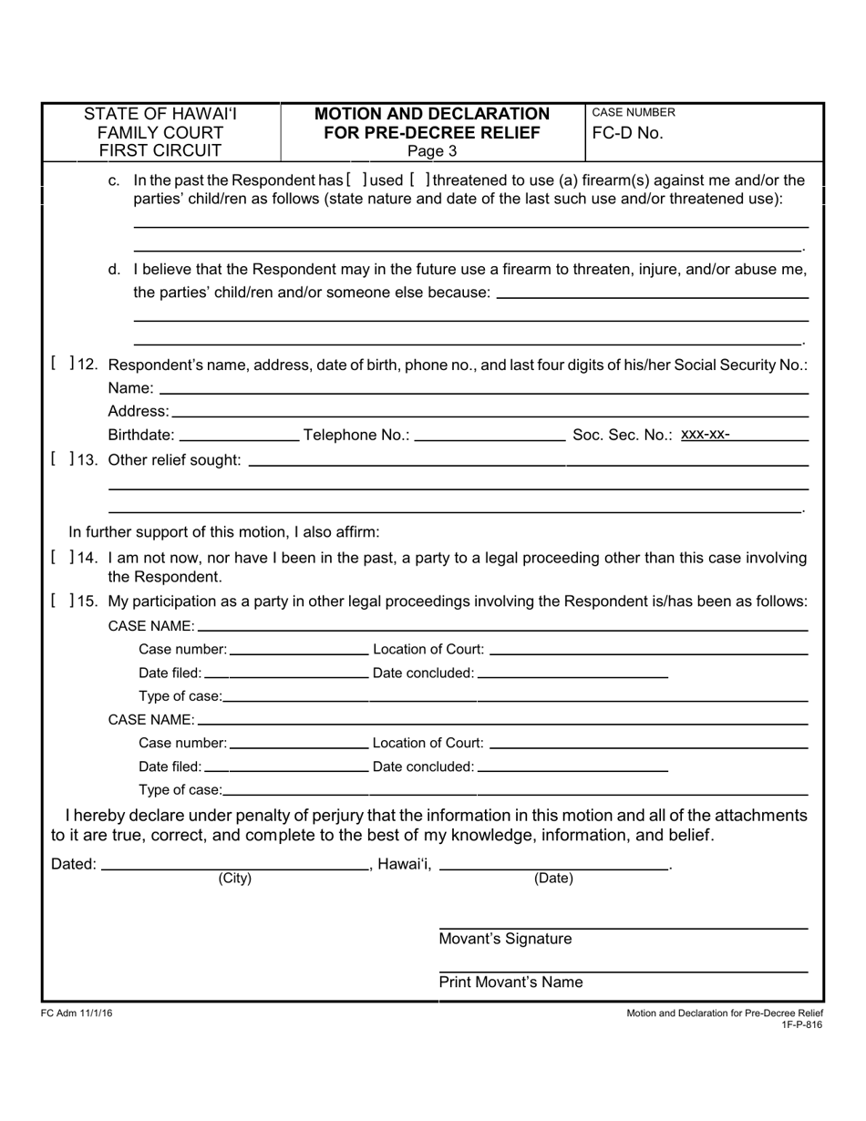 Form 1F-P-816 Motion and Declaration for Pre-decree Relief - Hawaii, Page 3