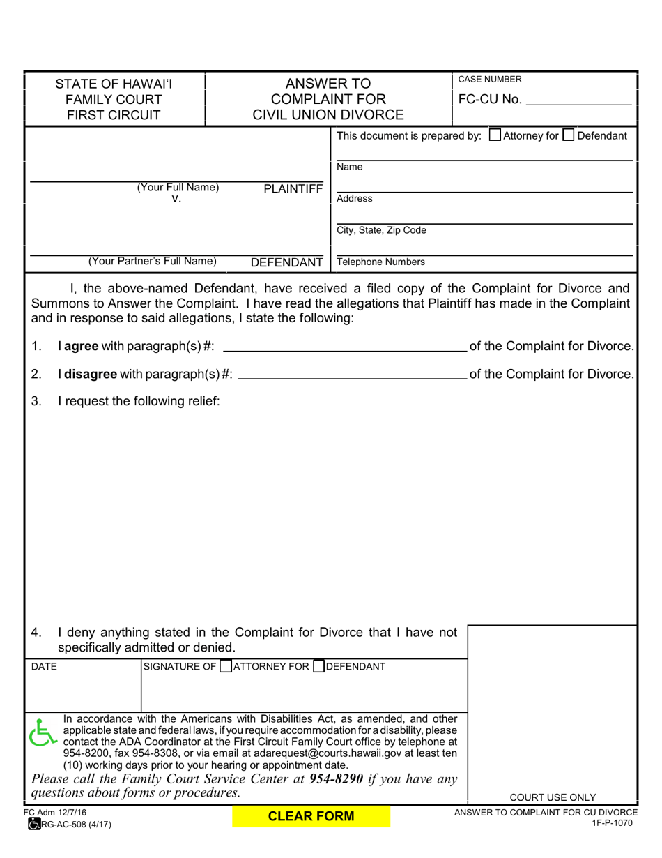 Form 1F-P-1070 Answer to Complaint for Civil Union Divorce - Hawaii, Page 1