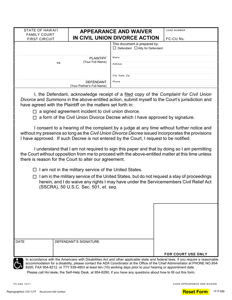 Form 1F-P-836 Appearance and Waiver in Civil Union Divorce Action - Hawaii, Page 1