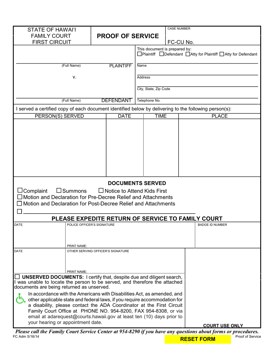 Form 1F-P-837 Proof of Service - Hawaii, Page 1